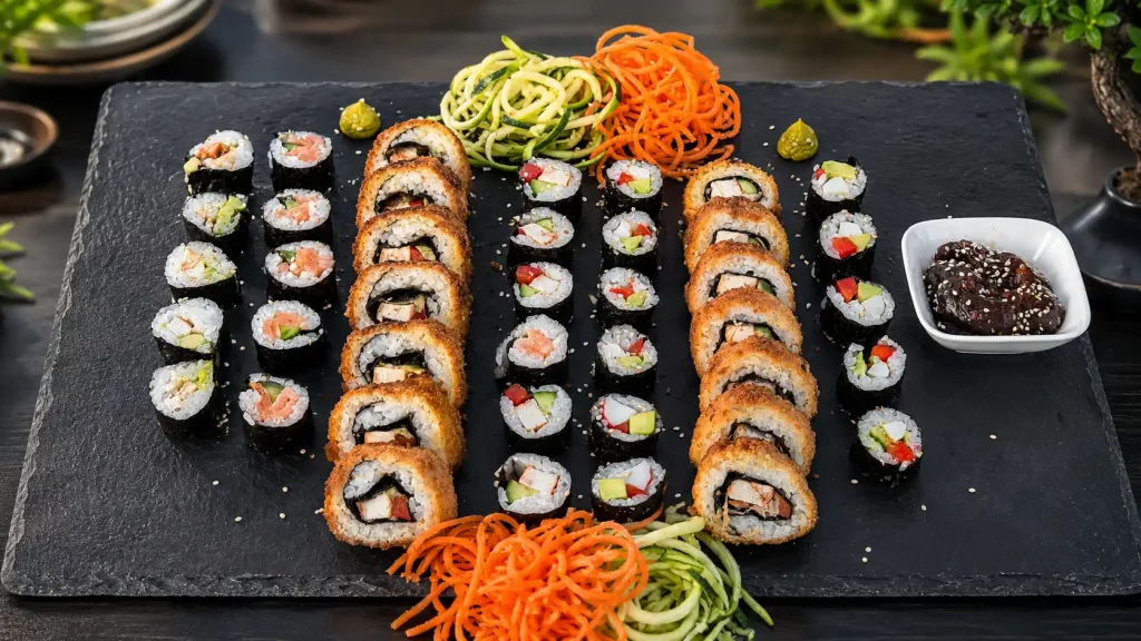 Eine Sushi-Platte mit verschiedenen Rollen und Beilagen wie geriebener Karotte und Zucchini.