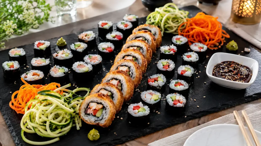 Eine Auswahl an Sushi-Rollen und Gemüse auf einem schwarzen Teller. Frische Zutaten und ansprechende Präsentation.