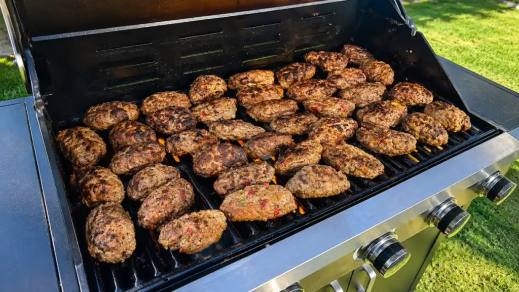 Ein Grill mit vielen gegrillten Burgern, gekocht im Freien auf einem Gasgrill.