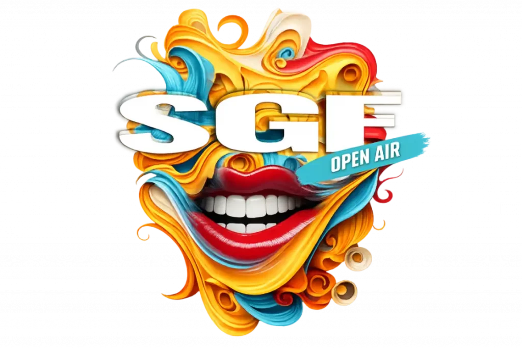 Ein farbenfrohes Logo mit geöffnetem Mund und SGE Schriftzug. SGE Open Air Festival.