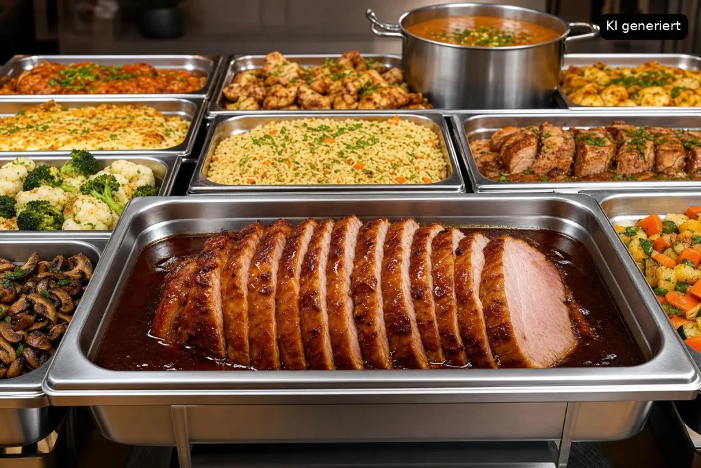 Ein Buffet mit verschiedenen Gerichten, darunter ein großes Stück Braten.