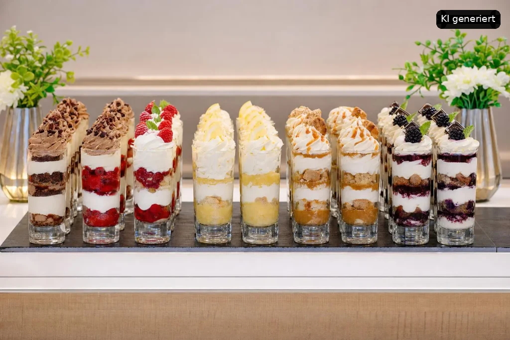 Eine Reihe von verschiedenen Desserts in kleinen Gläsern, dekoriert mit Blumen