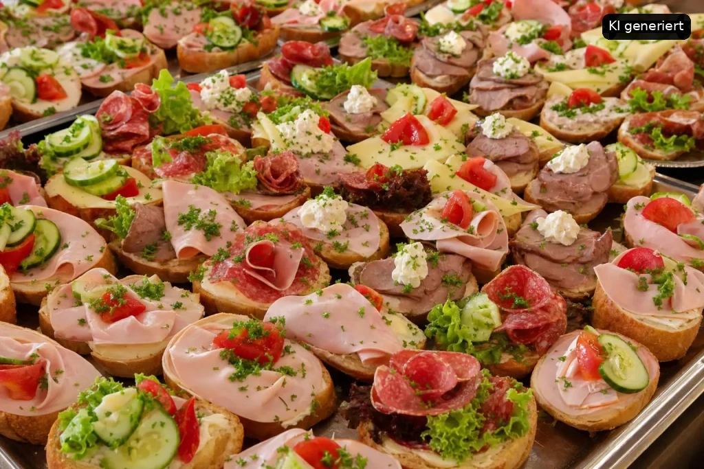Ein Tablett voller kleiner Vorspeisen, die meisten mit verschiedenen Belägen wie Wurst, Gurken, Tomaten und Petersilie.