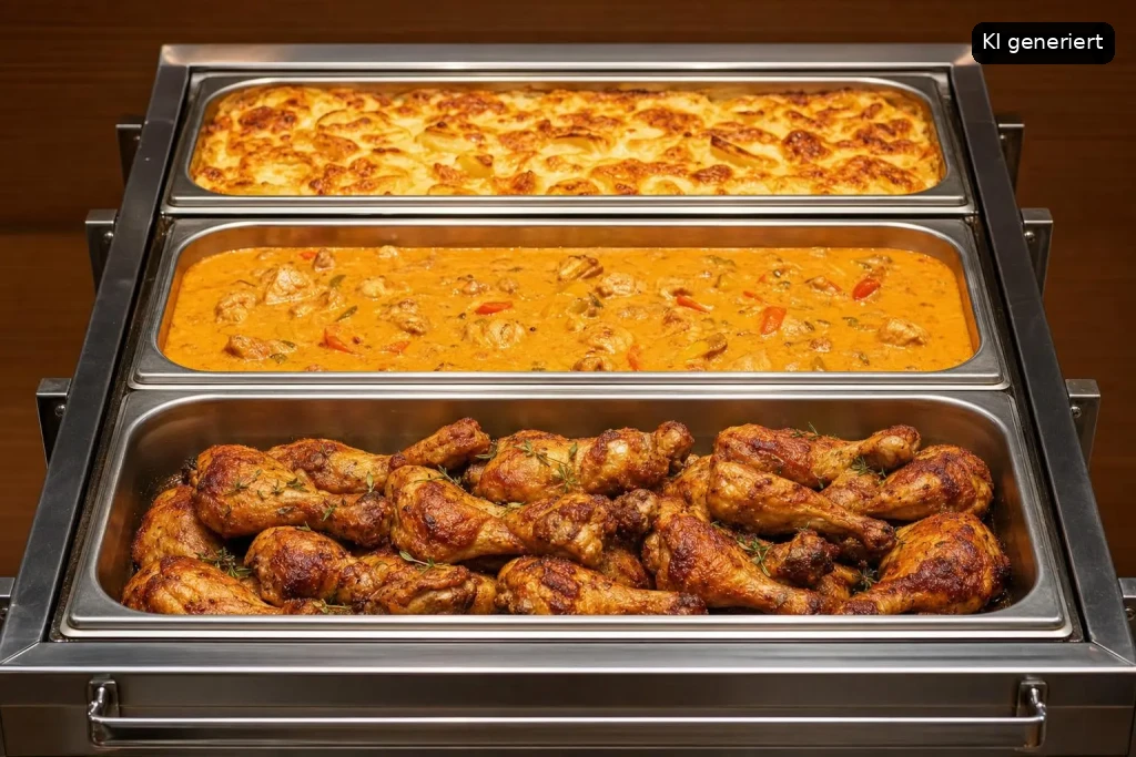 Ein Buffet mit drei Fächern, Hähnchen, Käse und Gemüse