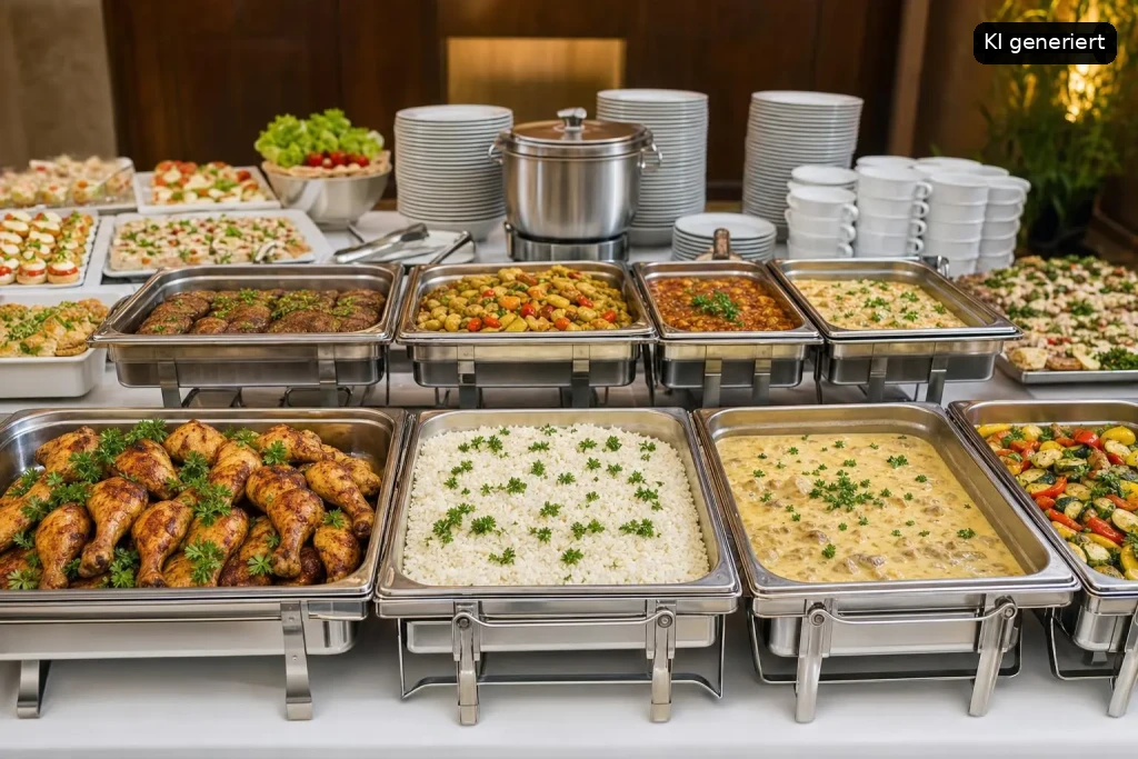 Ein umfangreiches Buffet mit verschiedenen Gerichten. Eine Vielzahl von Speisen in Metallbehältern.