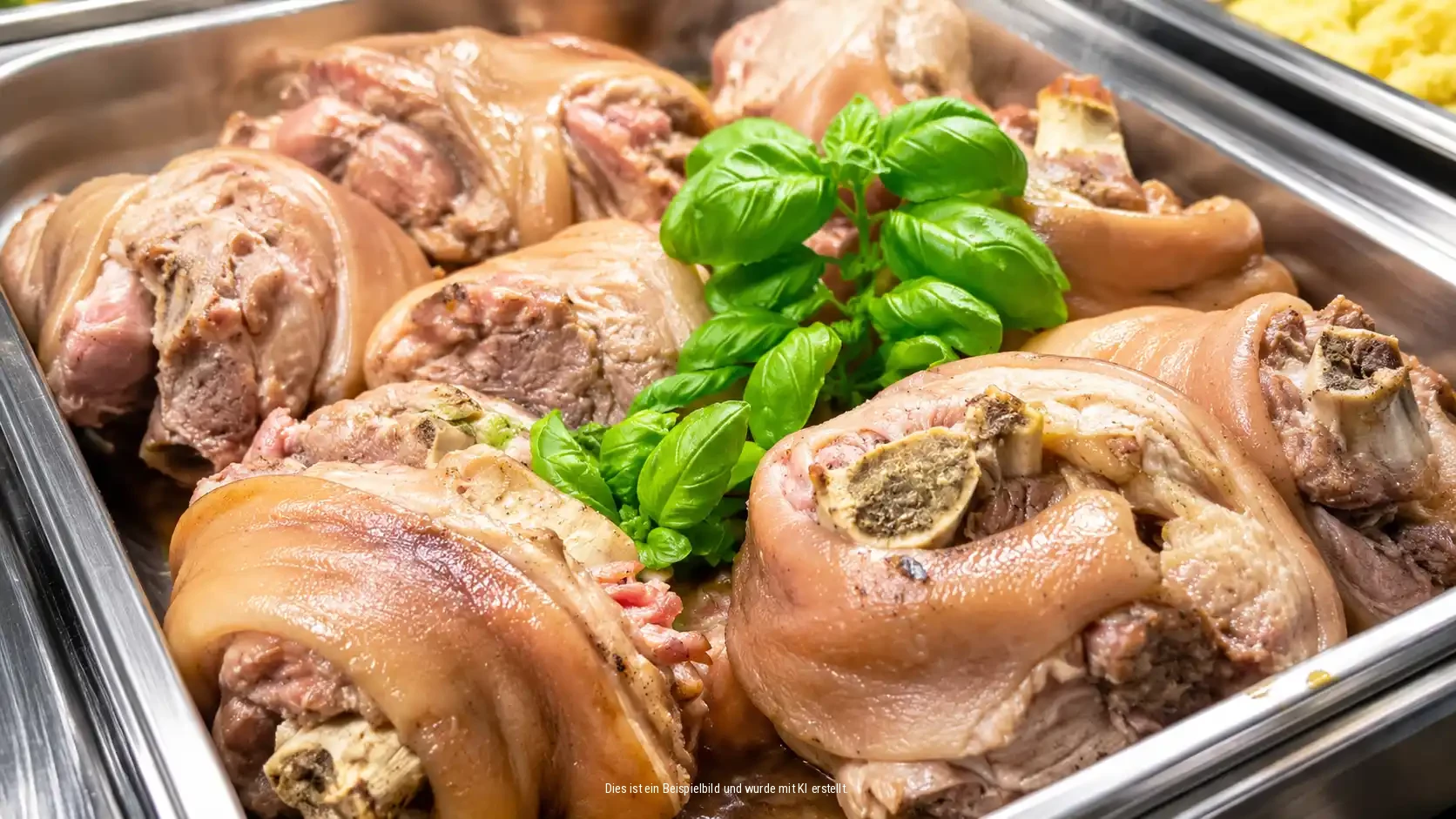 Gefüllte Schweinshaxen, garniert mit Basilikum. Ein herzhaftes Gericht.
