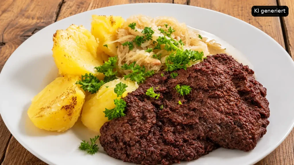 Ein Teller "Tote Oma" mit Kartoffeln und Sauerkraut, garniert mit Petersilie.