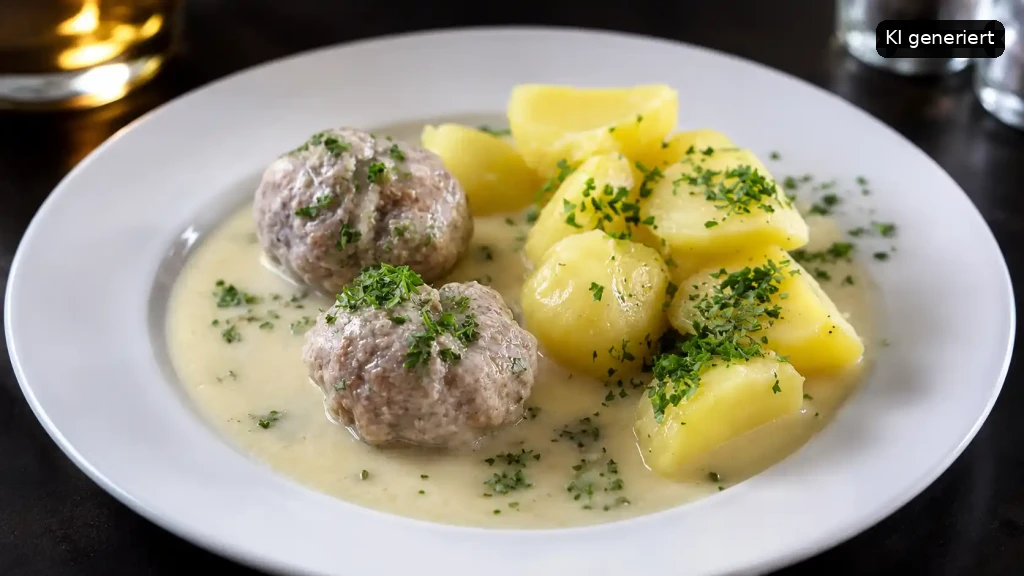 Ein Teller mit Frikadellen, Kartoffeln und einer cremigen Soße, bestreut mit frischen Kräutern.