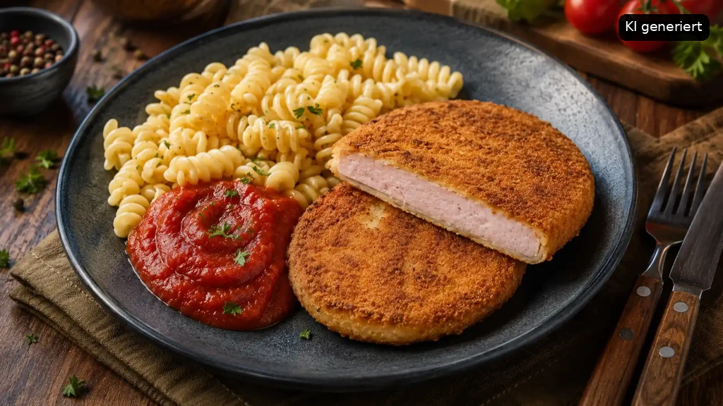 Ein leckeres Gericht mit Hähnchenbrust, Pasta und Tomatensauce. Hähnchenbrust auf einem Teller.
