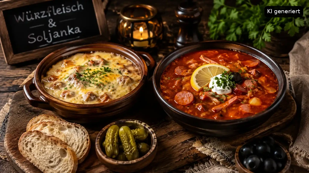 Ein traditionelles deutsches Gericht mit Würstfleisch und Soljanka, serviert mit Brot und Oliven.
