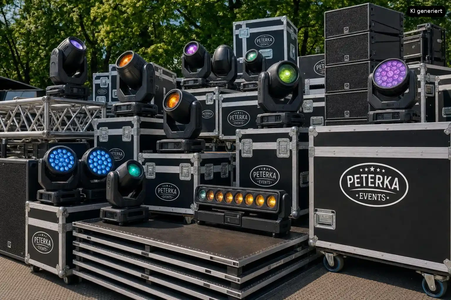 Eine Vielzahl von Bühnenlichtern in verschiedenen Farben. Professionelle Lichttechnik für Events.