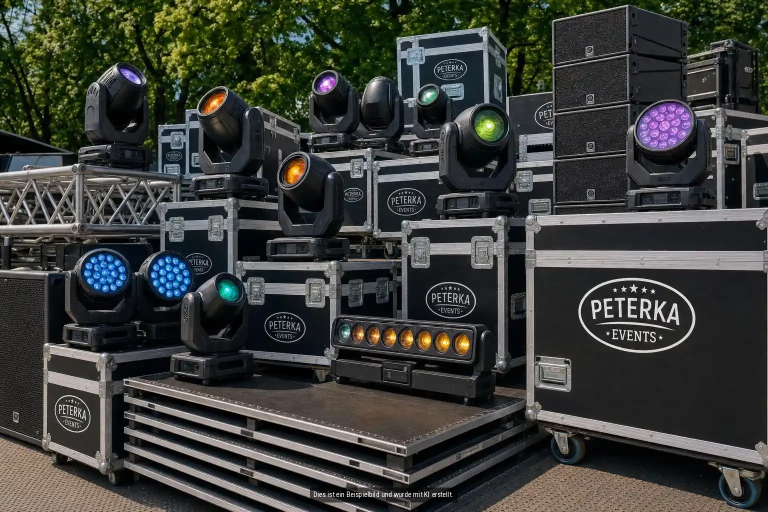 Eine Vielzahl von Bühnenlichtern in verschiedenen Farben. Professionelle Lichttechnik für Events.