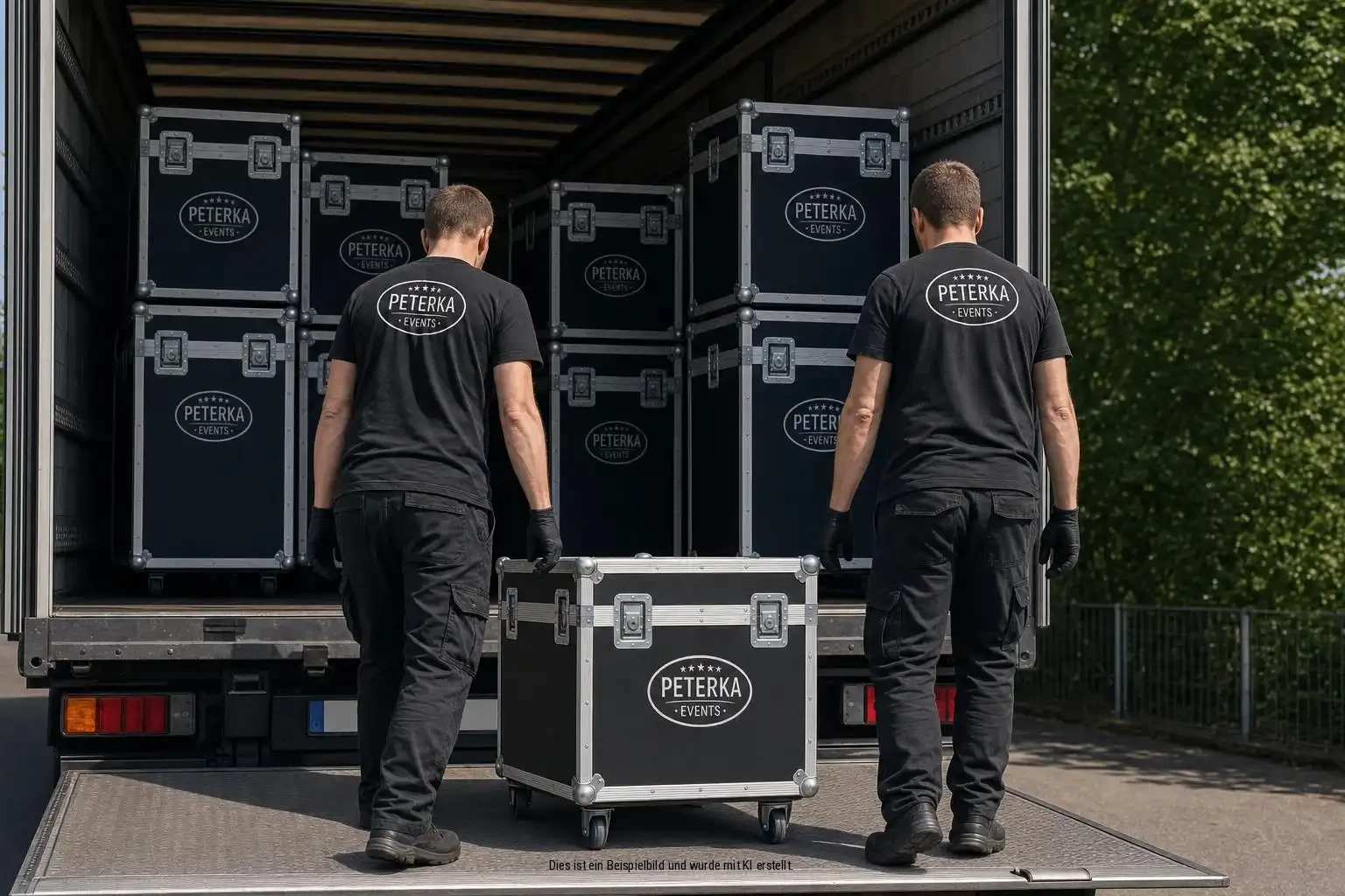 Zwei Männer in schwarzen T-Shirts mit dem Logo 'PITBOSS', die schwarze Koffer transportieren. Die Koffer haben ein ovales Logo.