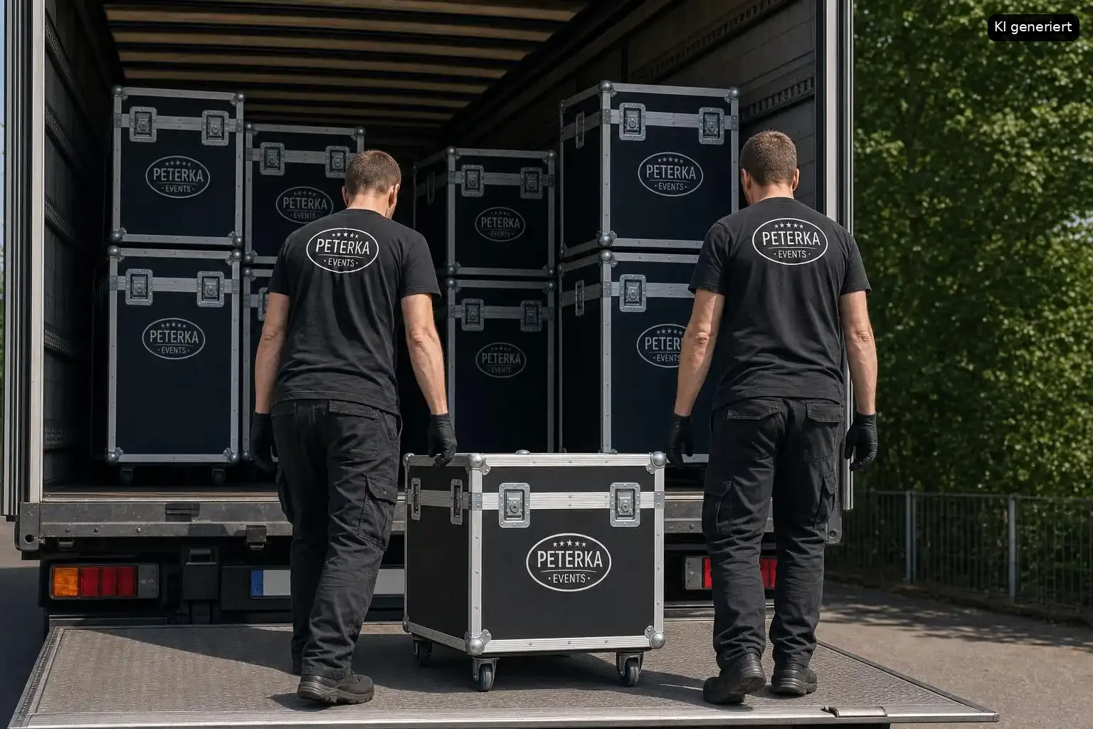 Zwei Männer in schwarzen T-Shirts mit dem Logo 'PITBOSS', die schwarze Koffer transportieren. Die Koffer haben ein ovales Logo.