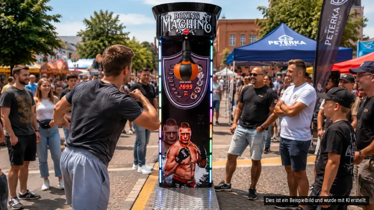 Ein Mann trainiert auf einer Punchingmaschine während eine Menschenmenge zuschaut. Die Maschine zeigt einen Boxer im Hintergrund.