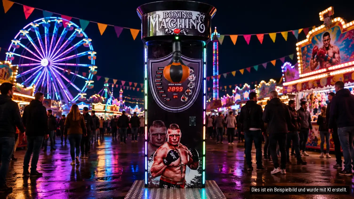 Ein farbenfroher Freizeitpark bei Nacht mit Menschen, die sich unter bunte Lichter und Banner bewegen. Ein großes, beleuchtetes Riesenrad ist im Hintergrund sichtbar.